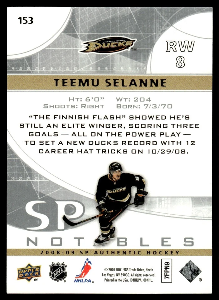 2008-09 SP AUTHENTIC NOTABLES Teemu Selanne 594/999 #153 - Image 2 of 2