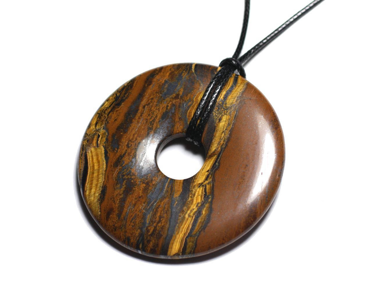 Collier pendentif en pierre oeil de tigre forme donut pi 60mm bijoux lithothérapie pour adulte