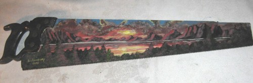 ANTIQUE USA COUNTRY CARPENTER WOOD TOOL SAW ART OIL PAINTING SUN LAKE MOUNTAIN - Picture 5 of 5