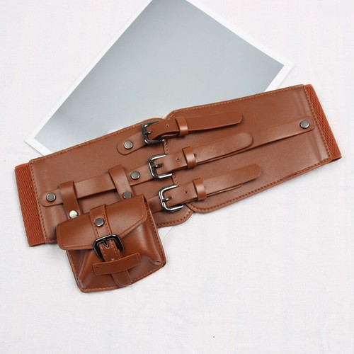 Lady Faux Leather Corset with Pocket Buckle Waist Belt Wide Waistband Punk Retro - Picture 12 of 17