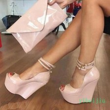 Women Super High Wedge Heel Platform Peep Toe Party Evening Sandals Shoes Buckle