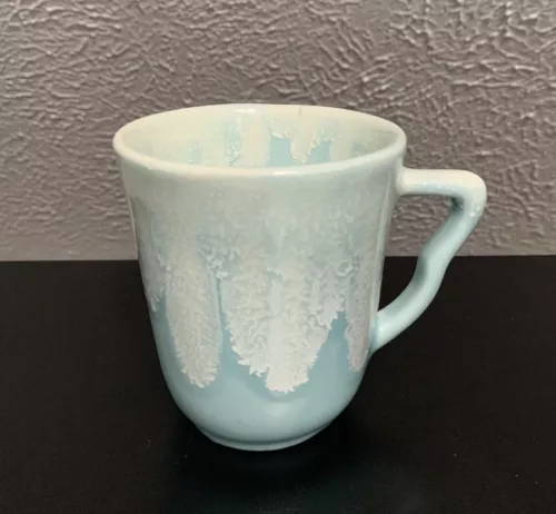 Vintage DRIP GLAZE Pottery COFFEE MUG Cup Light AQUA White COTTAGE Core NOS