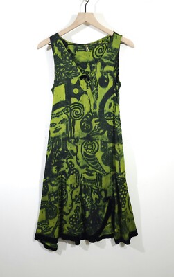 DARBURY STENDERU Art to Wear Hand-Dyed Batik Silk Dress Velour Trim Bow Size XS