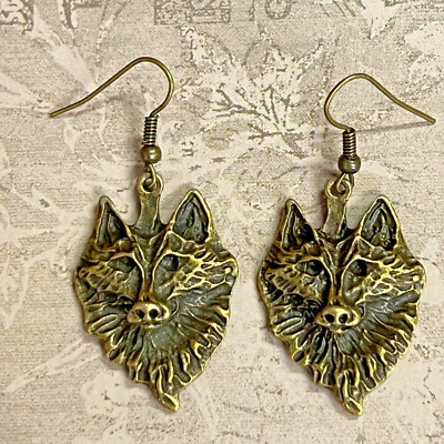 Bronze Tone French Hook Wolf Head Charm Dangle Earrings. Wolves. Forest. S179