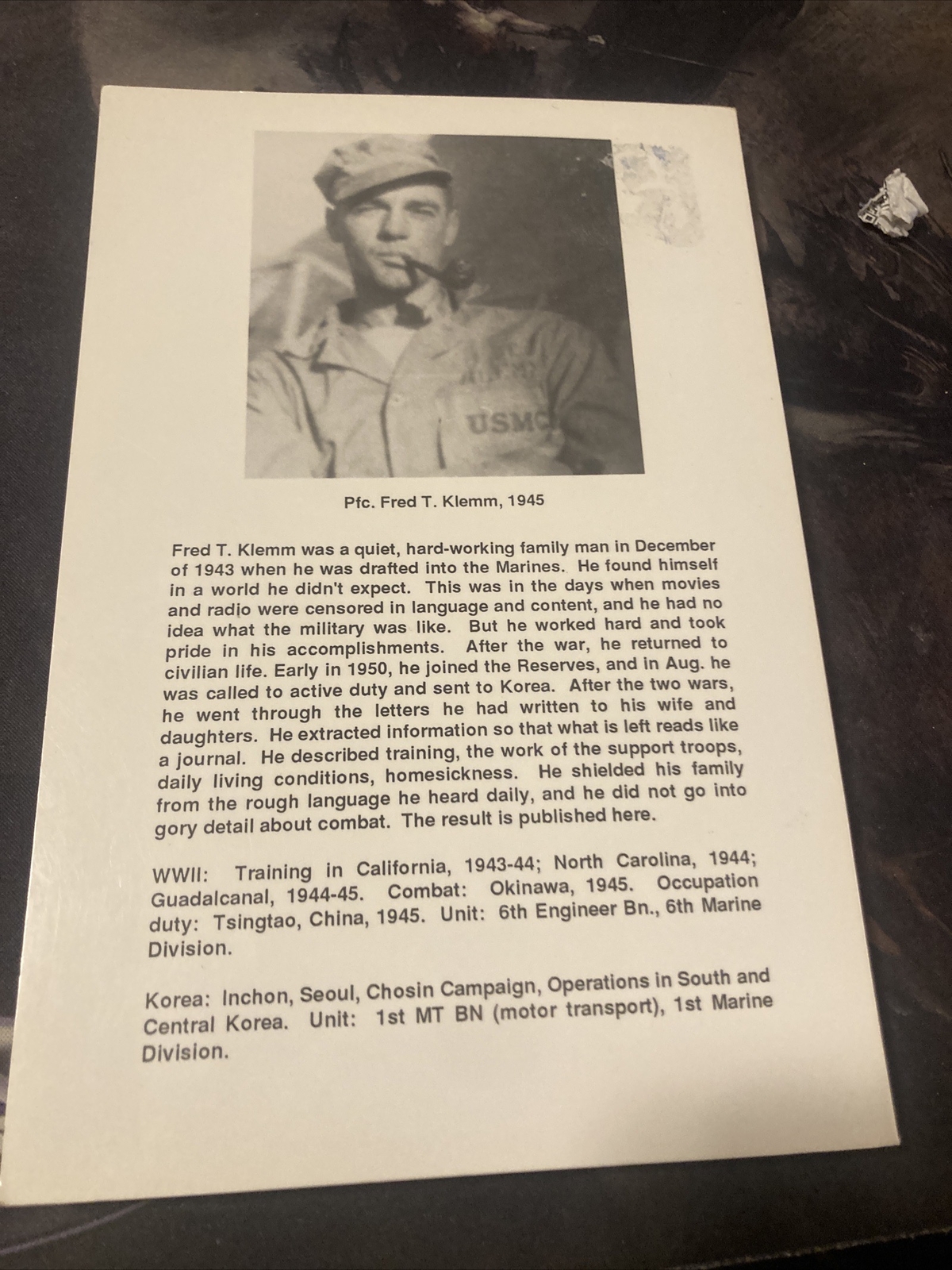 Marines Letters WWII & Korea by Fred T. Klemm Chosin Reservoir USMC