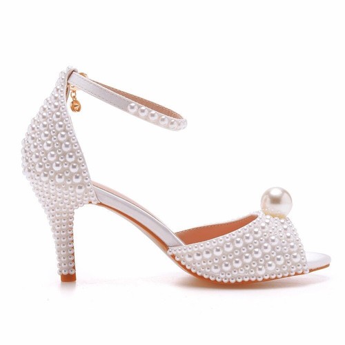 White Pearl Sandals Women Open Toe High Heels Lady Wedding Shoes Banquet Dress - Picture 9 of 12