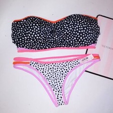 Victoria Secret Swim Bikini Top Bottom Black White Dots Strappy Cheeky Bandeau