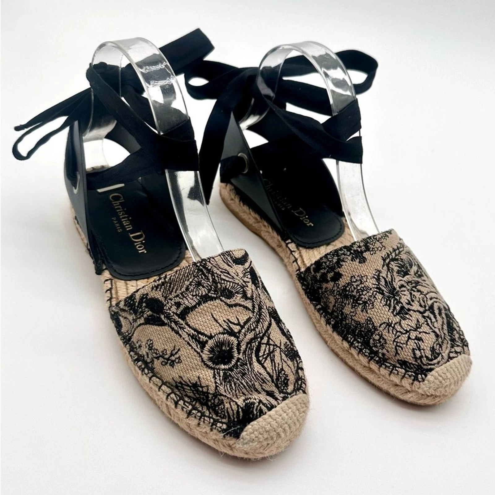 Espadrilles plates Dior toile et cuir brodés cravate cheville EU 37,5 US 7,5