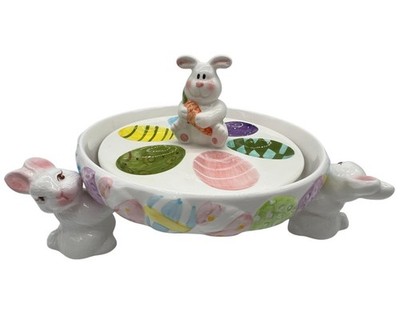 Easter Bunny Ceramic Bowl With Lid Rustic Whimsical Collectibles Hand Painted