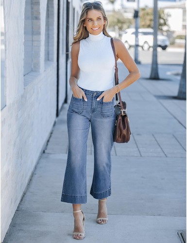 Wide Leg Jeans for Women Trendy High Waisted Flare Jeans Cropped Denim Pants ... - Picture 7 of 7