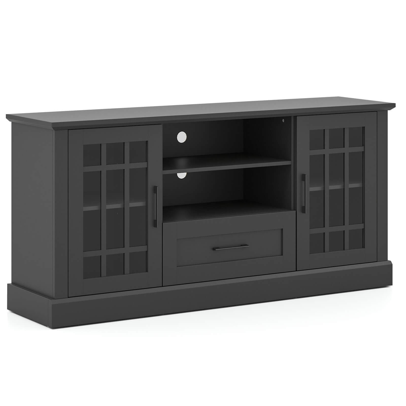 Farmhouse TV Stand w/Glass Doors, Open Shelves & Drawer for TVs up to 70", Black