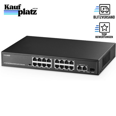 POE Switch 19 Port 16 POE+ 100Mbps 2 Gigabit Uplink 300W Unmanaged Metallgehäuse