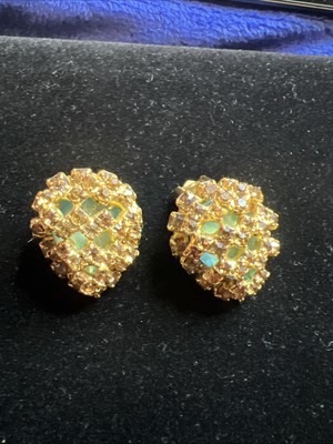 Alice Caviness RARE, Beautiful Gold Caged W/Amber & Aqua Rhinestone Earrings
