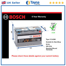 AGM Car Battery S5A11 Bosch 115 AGM 800A 80Ah 5Yr WTY 315x175x190 Start Stop