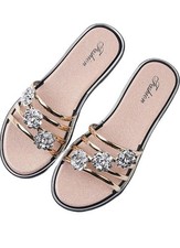 Fashion Gold Rhinestone Slide Sandals Women Slip-On Size 8