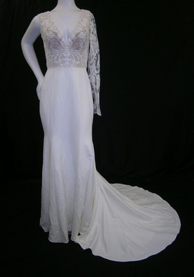 Jenny Yoo Wedding Dress 4 Ivory Crepe Nude Illusion V Neck *ONE SLEEVE CUT* USA
