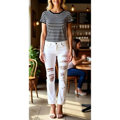 White Distressed Shredded Denim Slim Fit Jeans Ripped Streetwear Pants