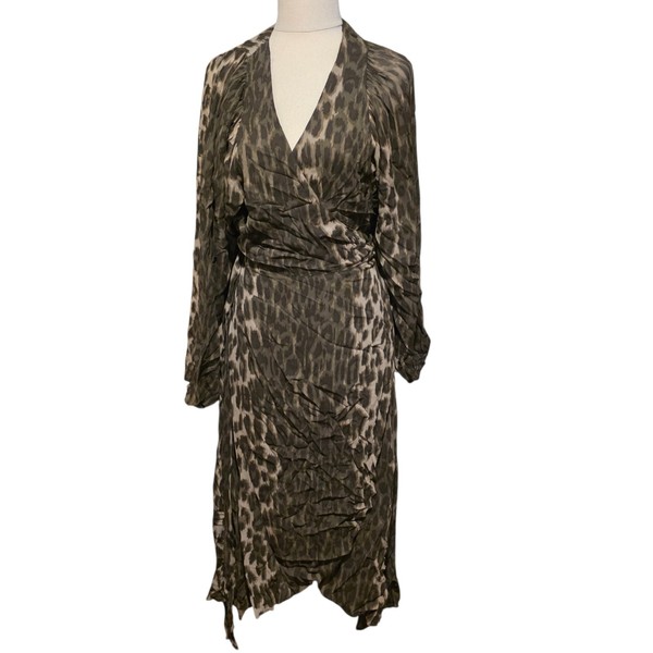 Witchery Leopard Print Midi Wrap Dress Sz 8 Asymmetric Hem Viscose Flowy Lined