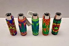 CLIPPER HAND SEWN LIGHTER COVER & LIGHTER WITH GREEN LEAF DESIGN SET OF FIVE