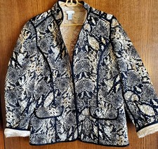 Chico's Sz 1 8-10 Reversible Black  Gold Snakeskin Print Quilted Satin Jacket