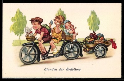 Ansichtskarte Fahrrad, Kinder auf einem Tandem mit Anhänger 