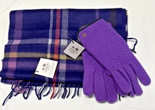Coach Size M/L Cash/Leath 83892 Honeycomb Gloves Purple & Plaid Cashmere Scarf
