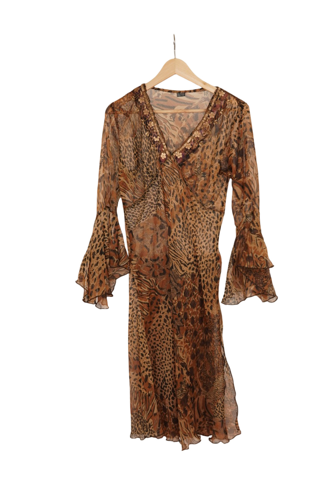 Vintage Animal Print Viscose Beaded Beach Cover Up Boho L/ XL