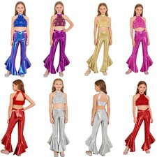 Kids Girls Set Bell-bottom Outfits Crop Top Costume Shiny Dancewear Ballroom