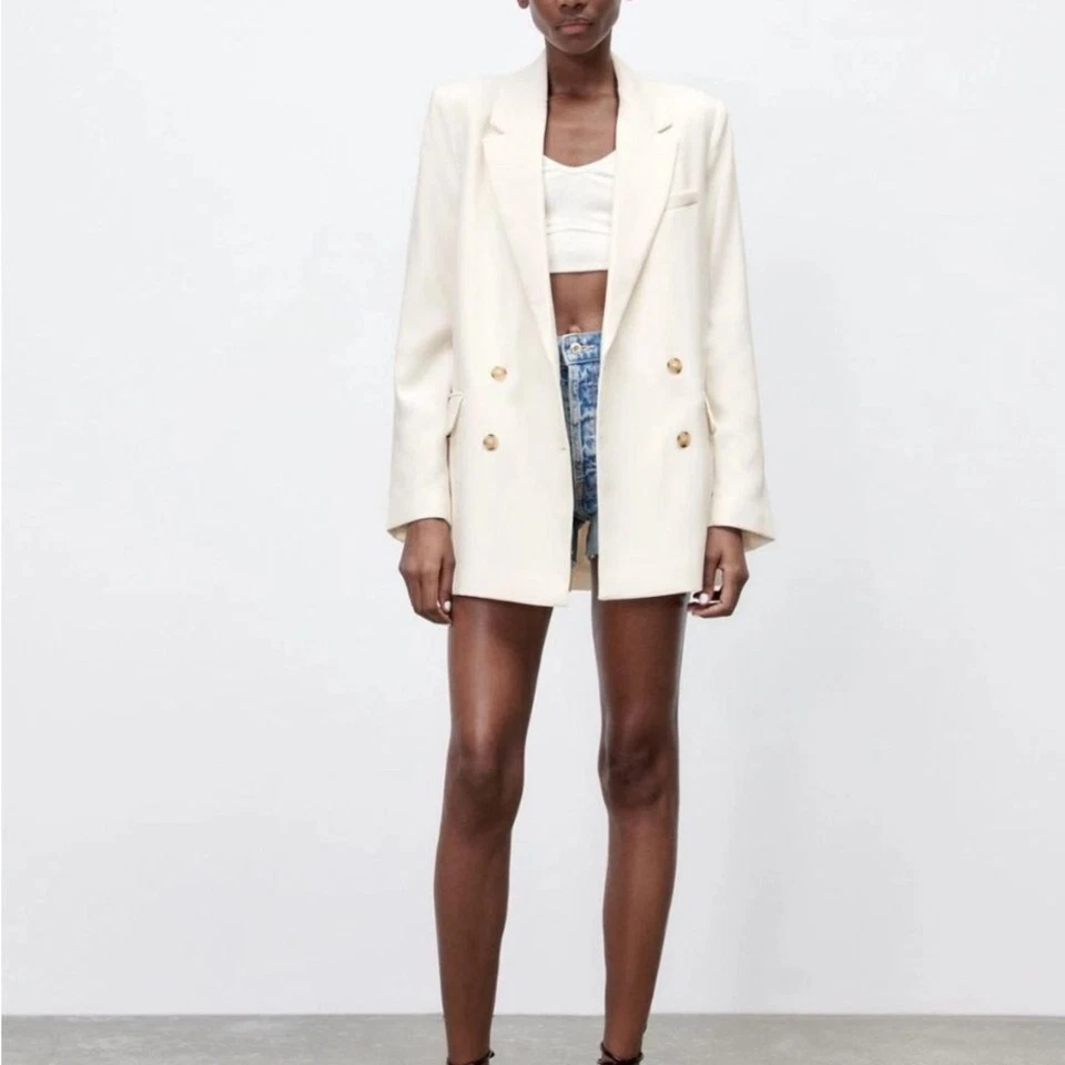 Zara Double Breasted White Cream Blazer Sz M Read - Image 2 of 4