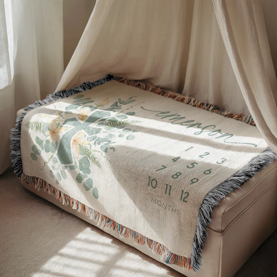 Manta de Bautizo Personalizada Hito Bebé Niña Floral Cruz Verde Foto 2 de 4