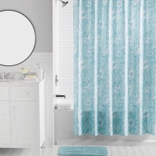 Mainstays 16-Piece Blue Floral Shower Curtain Bathroom Set with Rug, 12 Hooks