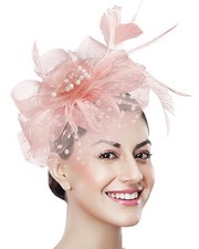 Women Fascinator Tea Party Hat 20s 50s Wedding Cocktail Flower A-blush Pink
