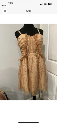 #ad Sheer Tan Midi Dress with Pink Cherry Pattern and Ruffle Front Detail $17.00