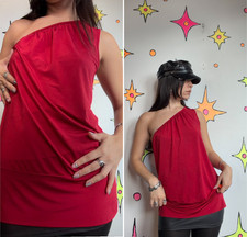 Y2K Red Asymmetrical Top Indie Sleaze Fairy Grunge Going Out Stretch Blouse L