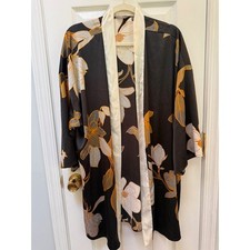 Bata Kimono Floral Negra Naranja Satén L Grande Ropa de Salón