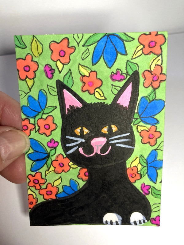 ACEO Original Painting Black Cat Folk Art Floral Tiny Art Feline Bright Colorful