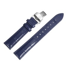 Leather Band Deployment Buckle Watch Strap 18mm Leather Strap, Blue/Silver
