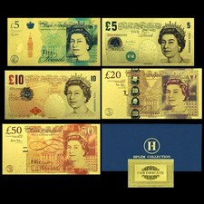 5 St&uuml;ck UK Goldfolie Banknoten &pound;5 &pound;10 &pound;20 &pound;50 Sammlerst&uuml;ck Queen Elizabeth II Scheine