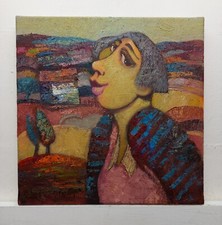 Quadro Dipinto Paesaggio Figura Olio Tela Cm30x30
