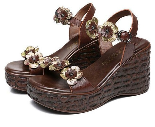 Fashion Women Retro Platform Wedge Heels Peep Toe Leather Floral Sandals Shoes - Picture 10 of 14