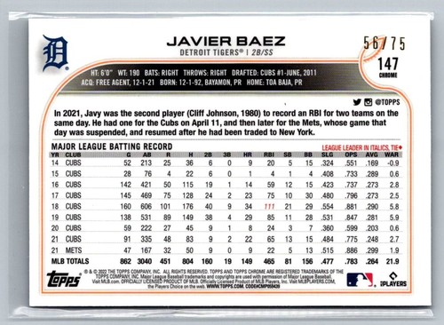 2022 Topps Chrome Sonic JAVIER BAEZ Green Blue Sonic Pulse #/75 - Picture 2 of 2