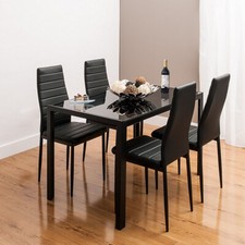 For Dinning Room Kitchen Dining Set Metal Black Glass Table Chairs Faux Leather