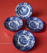 WOOD & SONS English Scenery Woods Ware Blue White Rim Cereal Bowl & 3 Saucers