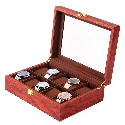 10-Slot Watch Box Glass Top Vintage Display Jewelry Storage Organizer Case Wood - Picture 2 of 12