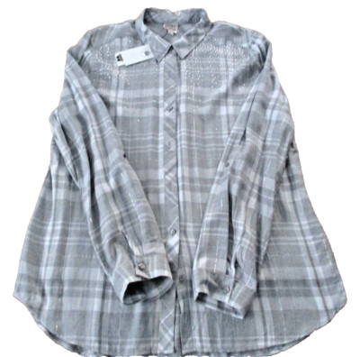 Como Vintage Wms Shirt LG Grey Plaid W/Silver Metalic Thread & Rhinestones NWT