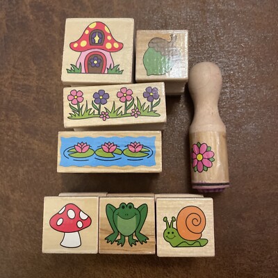 Frog Mushrooms Snail Flower Rubber Stamp Lot of 8 Different Cottagecore Wood