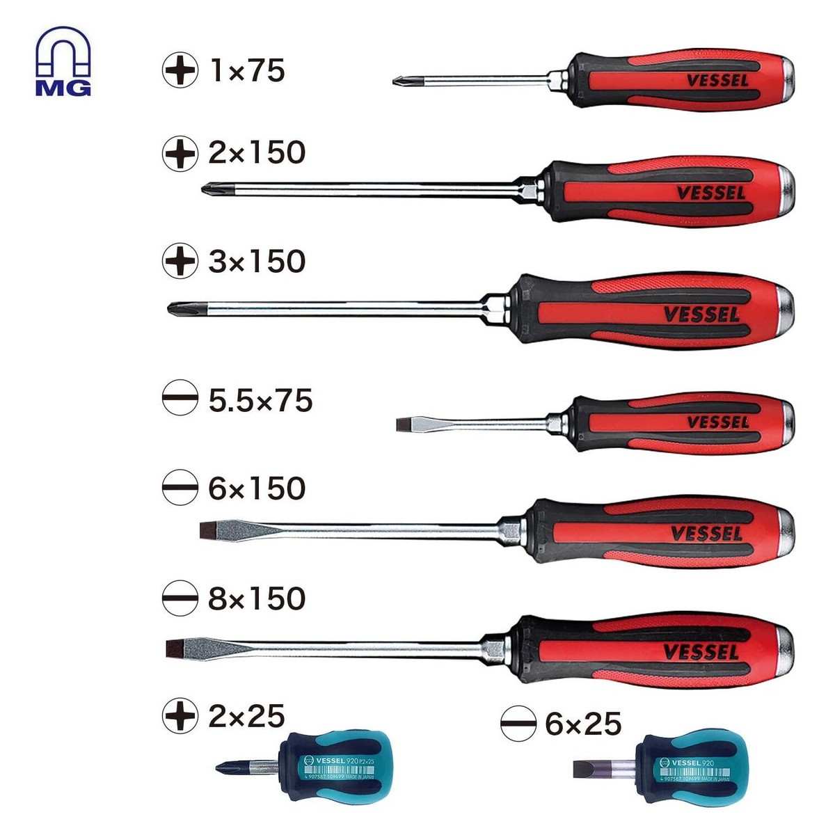 Vessel 8pc Tang-Thru Screwdriver Set Phillips Slotted Flat
