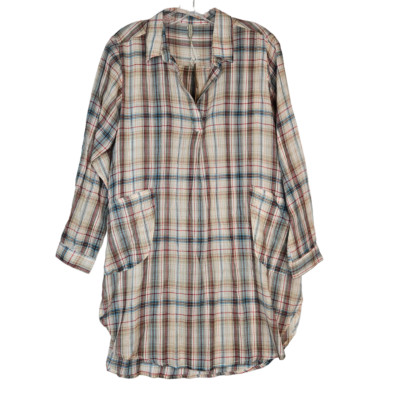 Embellish Womens Cotton Tunic Blouse Shirt Dress Small Plaid Boho Country Chic