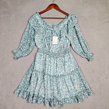 Fate Dress Women's Large Blue White Animal Print Tiered Ruffle Off Shoulder NWT