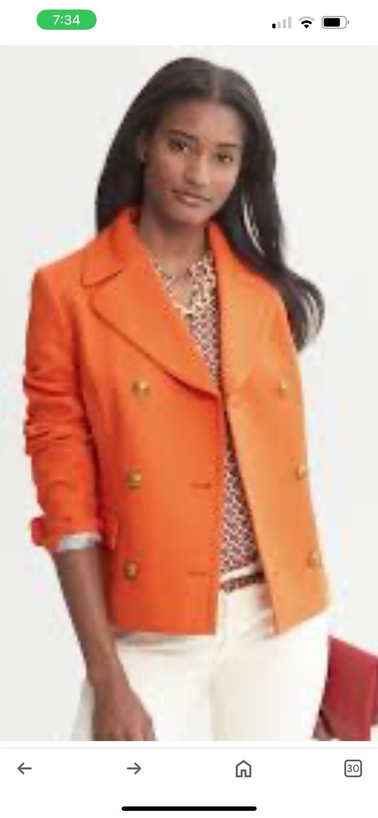 Banana Republic Orange Peacoat Size XSmall, Hidden Buttons, Front Pockets